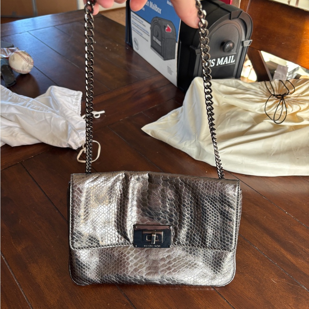Michael Kors Snakeskin Shimmering Silver Shoulder Bag with Chain Strap